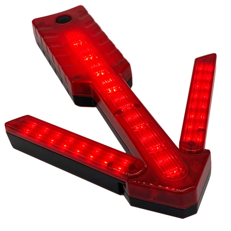 Front view of Foxfire LED Traffic Warning Arrow in red, showcasing illuminated directional arms on a white background