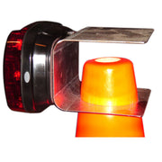 Front view of Foxfire SCB2 Safety Cone Bracket showcasing a Foxfire Lite attached to an orange safety cone with white background