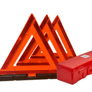 Front view of three orange Foxfire warning triangles showcasing reflective panels with a red carrying case on a white background