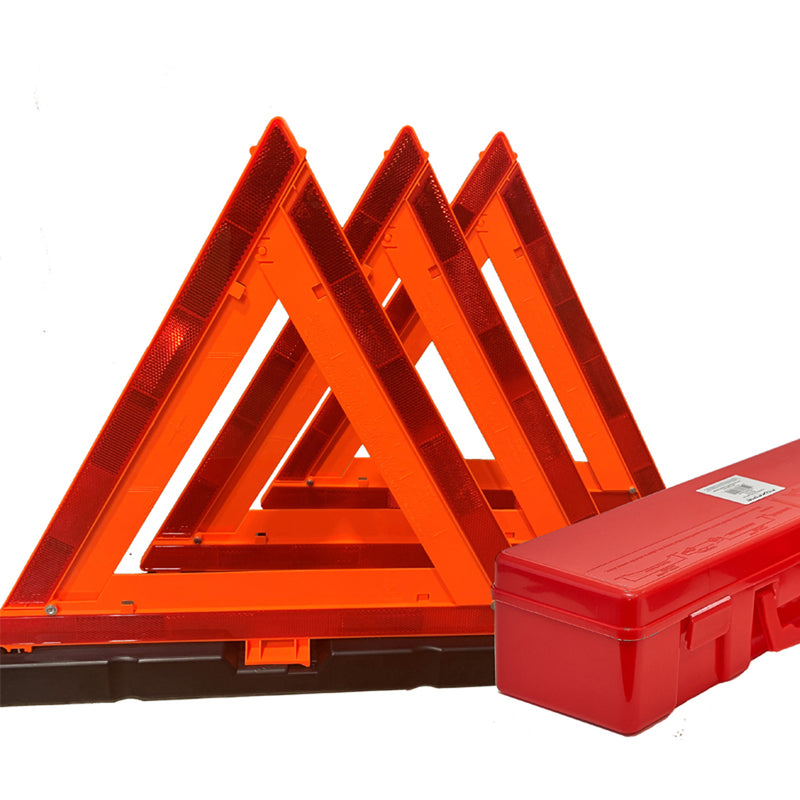 Front view of three orange Foxfire warning triangles showcasing reflective panels with a red carrying case on a white background