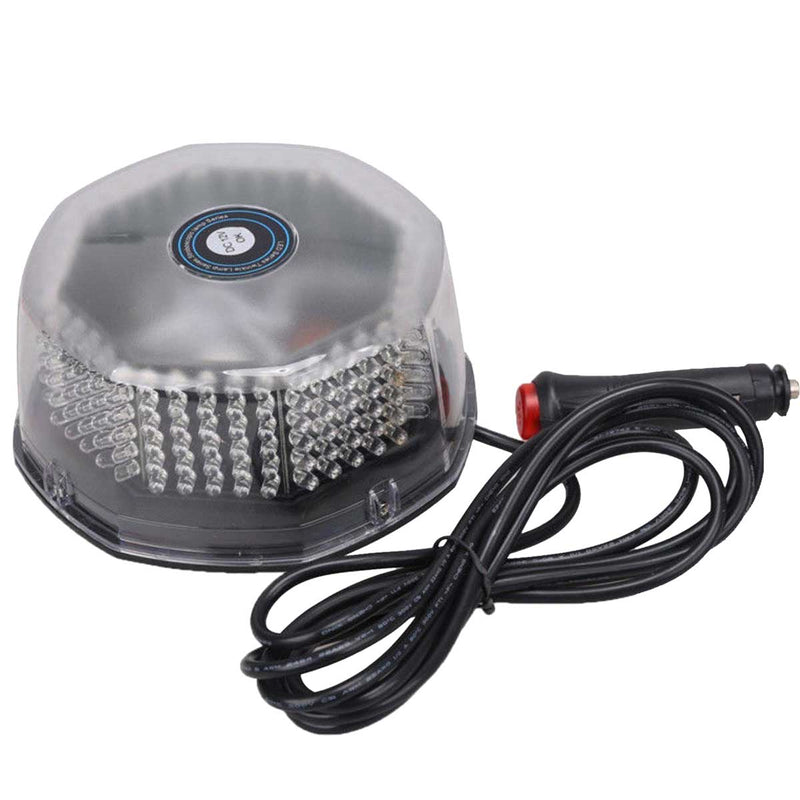 Angled view of Foxfire flashing strobe beacon, amber, showing LED array, coiled cord, and car auxiliary adapter