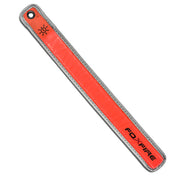 Angled view of orange Foxfire LSB lighted safety band showcasing reflective edging and a grommet on a white background